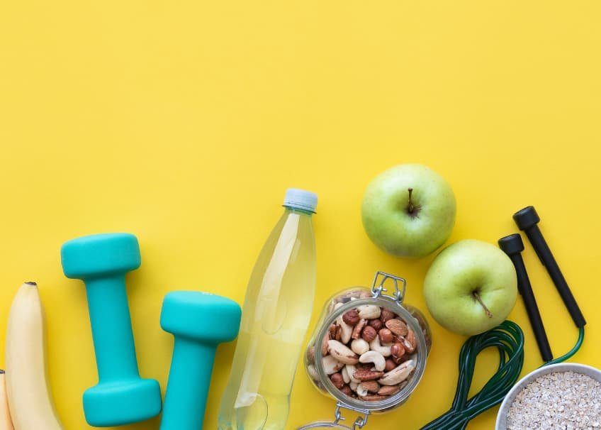 health equipment next to healthy food