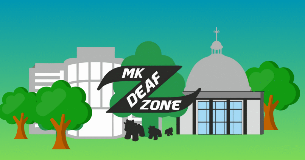 mk deaf zone logo on images of city church and trees