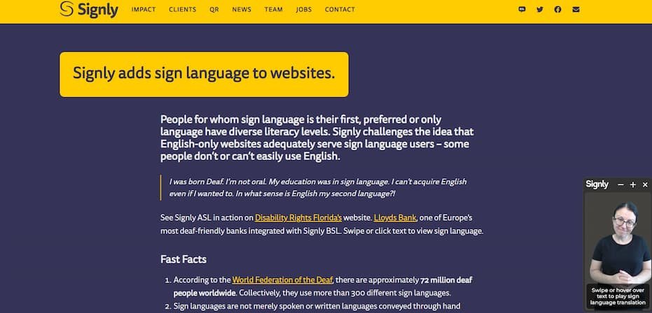 screenshot signly website explains text translated to bsl 