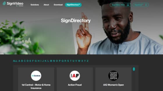 screenshot of SignVideo home page showing black man using bsl