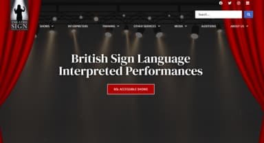 theatre sign home page showing red curtains opening to show a stage