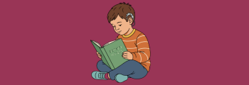 illustration of a child with a cochlear implant reading a book