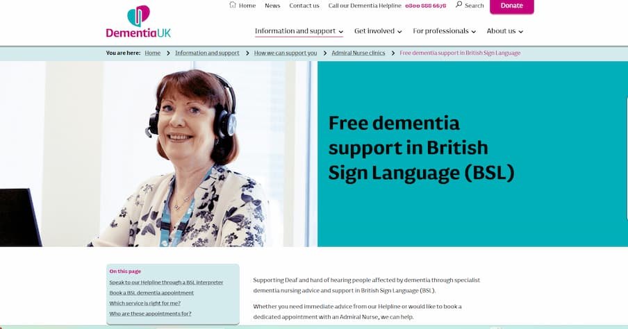 Dementia uk website shows woman with headset on