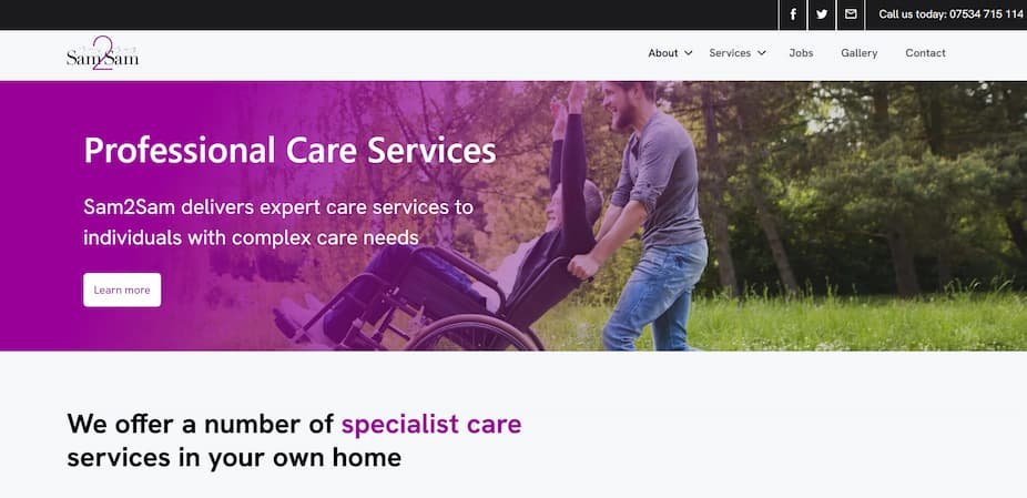 sam2sam website screenshot of carer and person in a wheelchair
