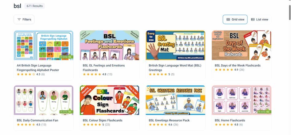 colourful images of paper resources showing bsl signs